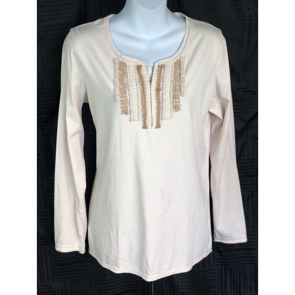 Eddie Bauer jersey top Tee L Tan hook Ruffle scoop neck long sleeve Boho Cottage